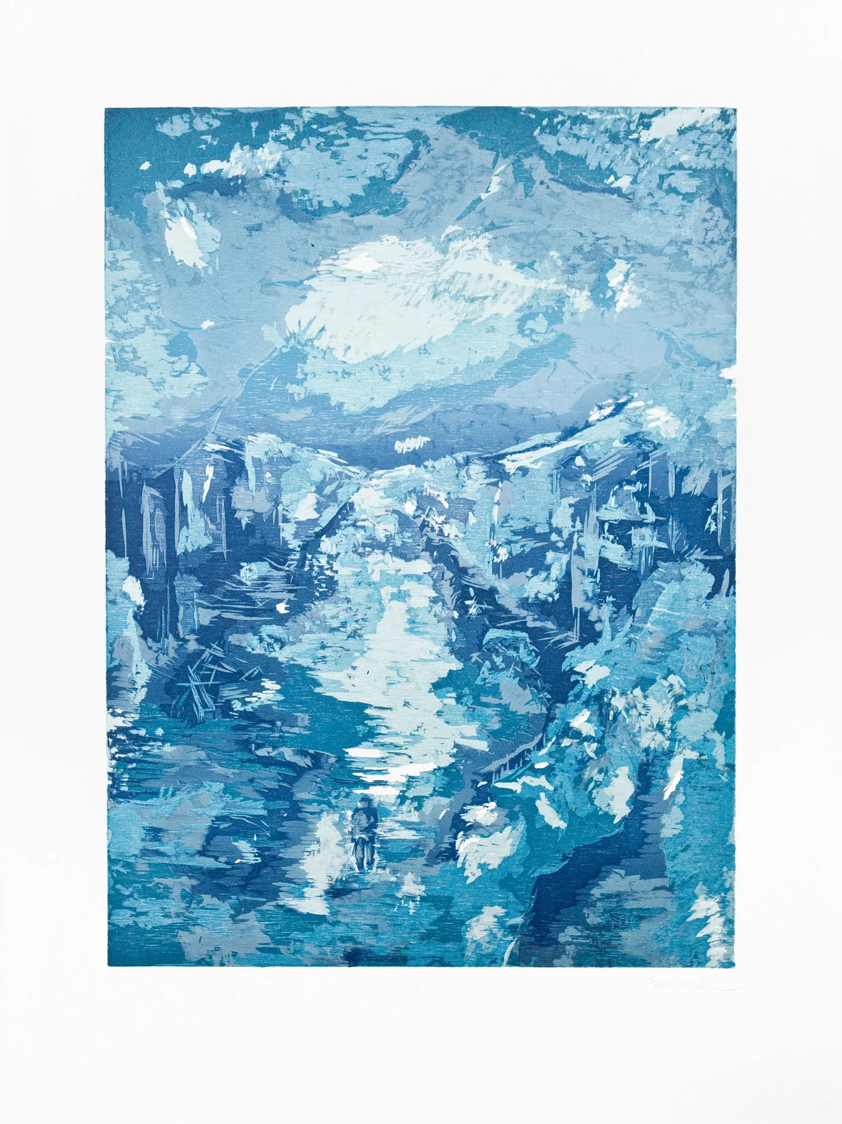 Layered blue reduction woodcut with abstract water, light, and textured shapes.