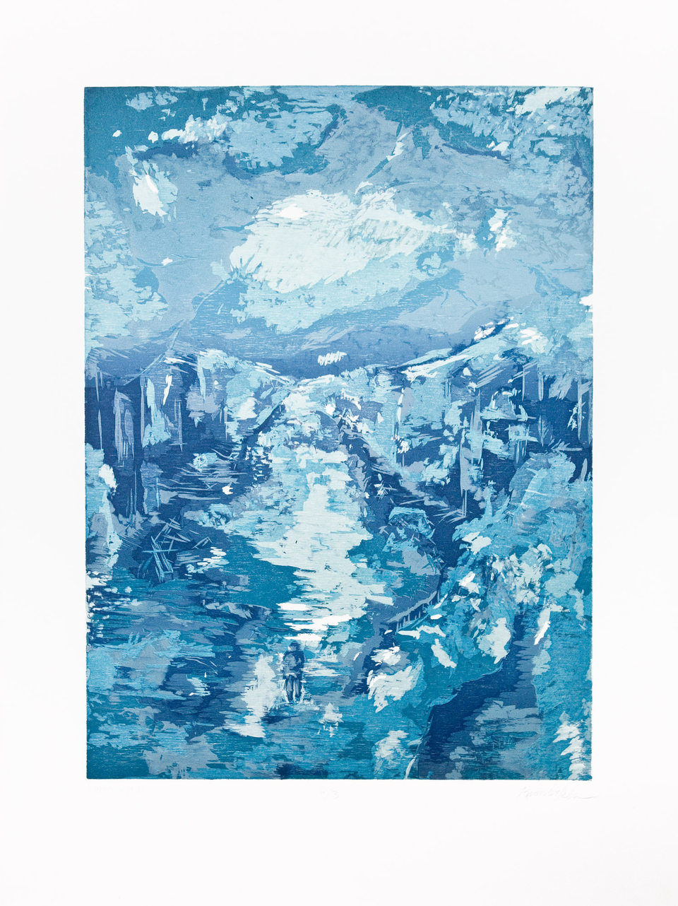 Layered blue reduction woodcut with abstract water, light, and textured shapes.