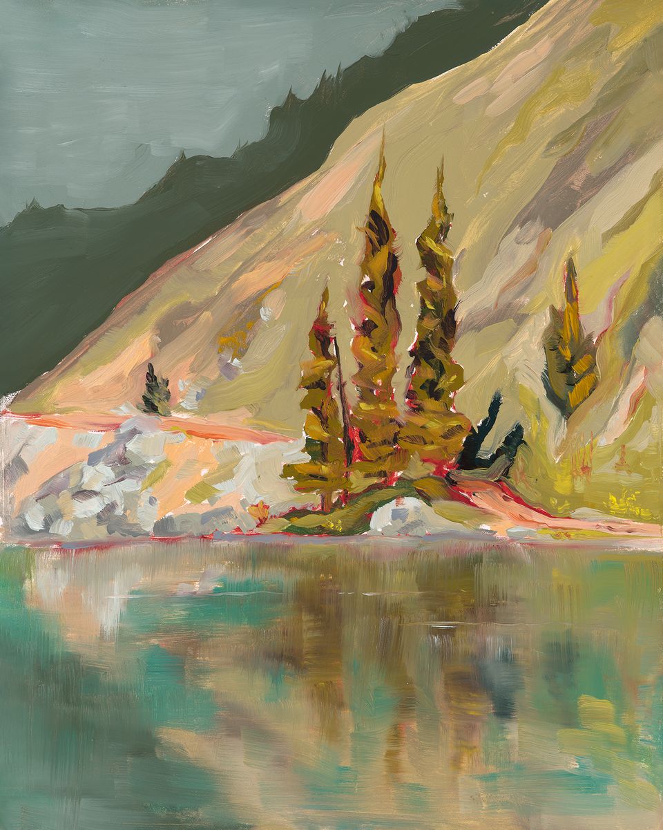 Lake Agnes, an oil painting of mountain slopes and trees reflected in still water.