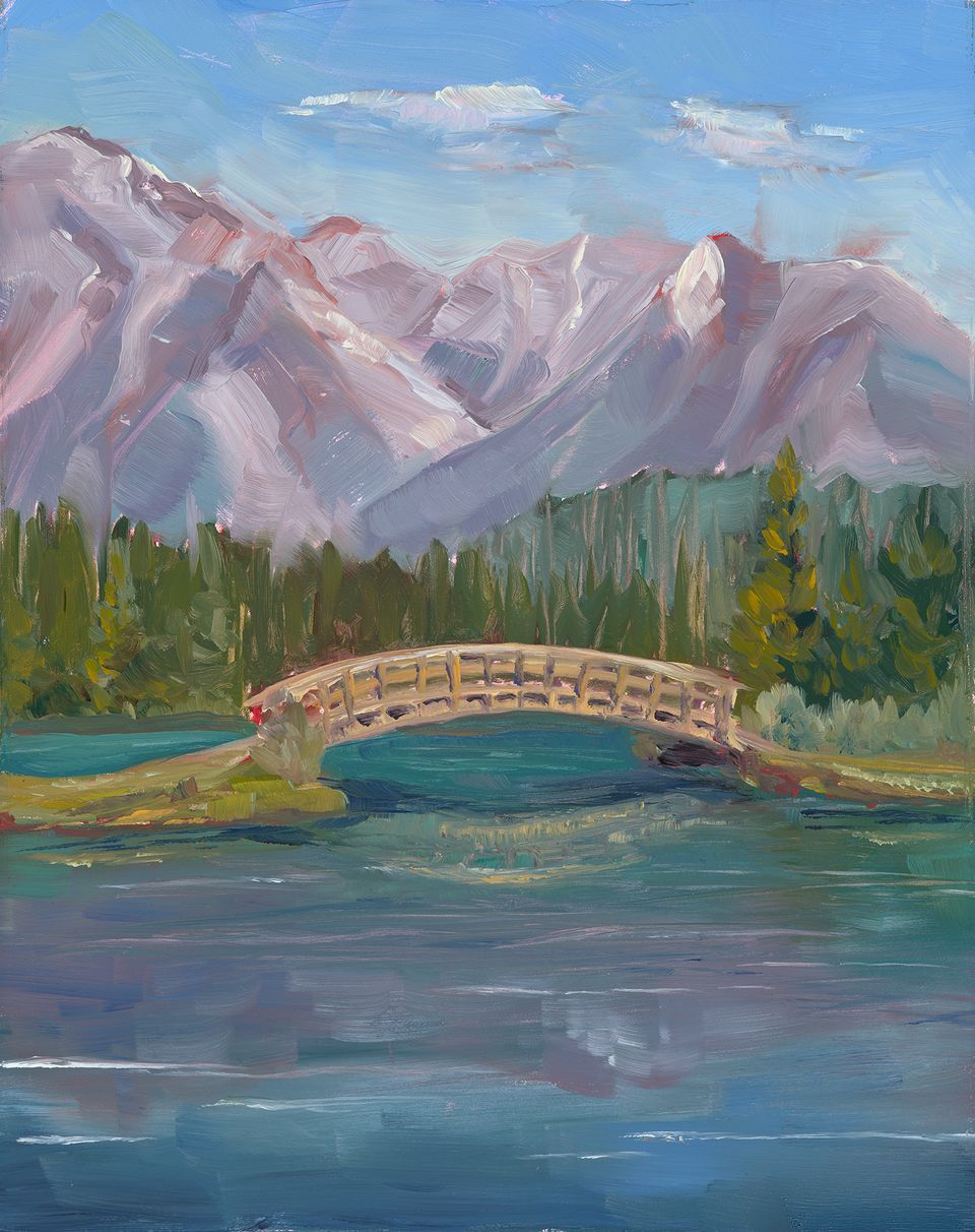 Oil painting of a wooden footbridge over a turquoise river beneath mountain peaks.