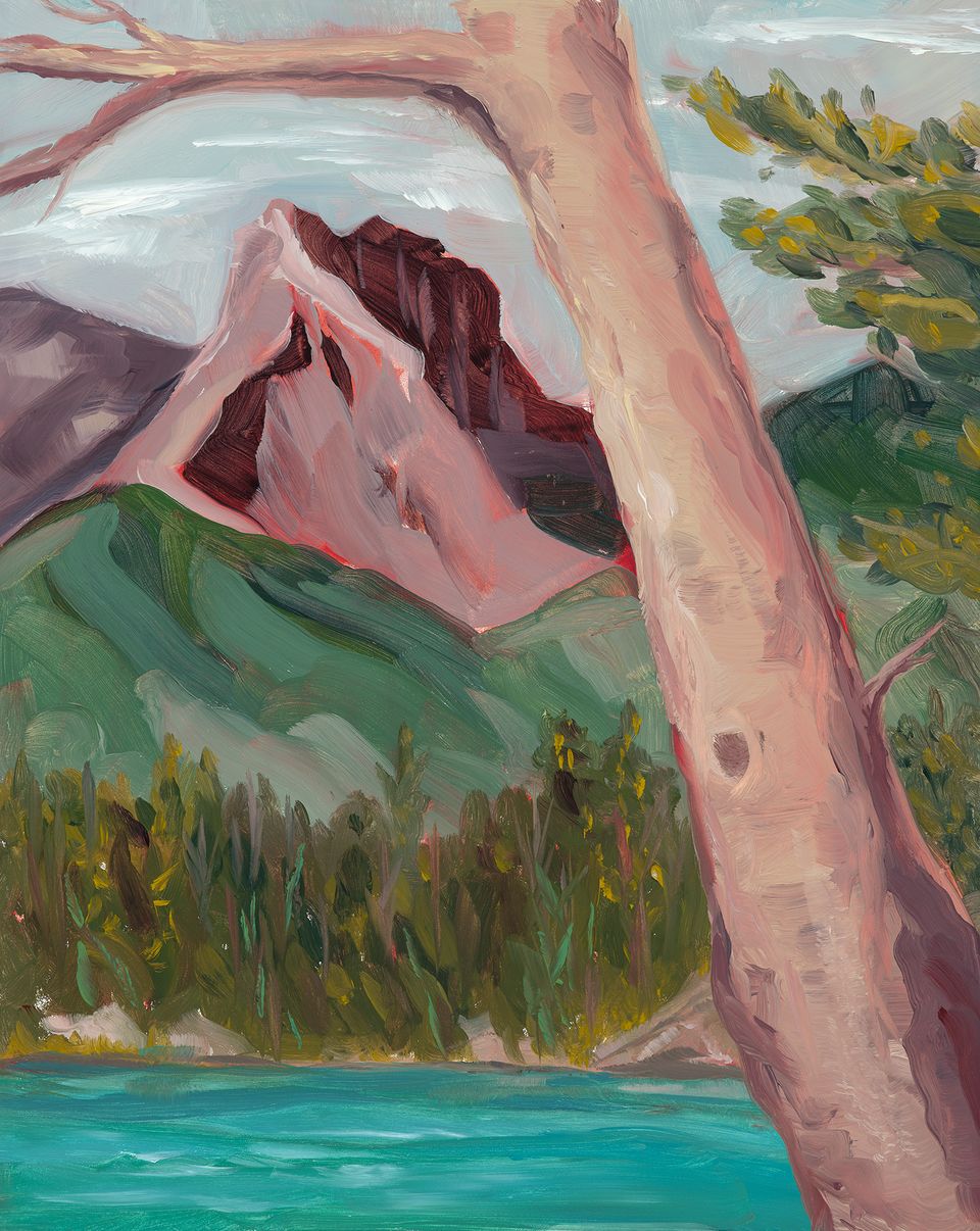 Oil painting of a pale tree trunk beside turquoise water with a mountain beyond.
