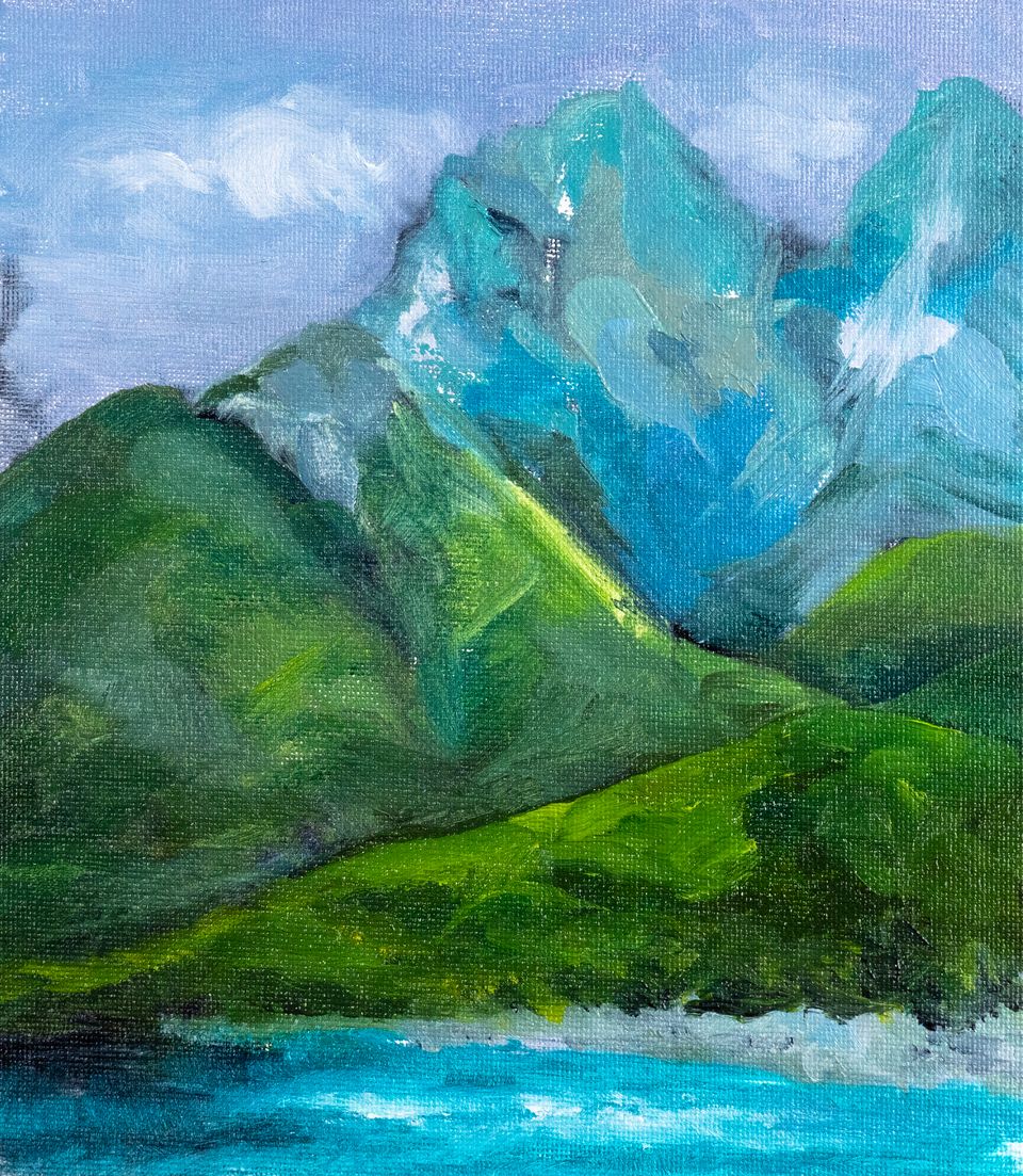 By Still Waters, an oil painting of turquoise mountain peaks above a green valley and blue water.