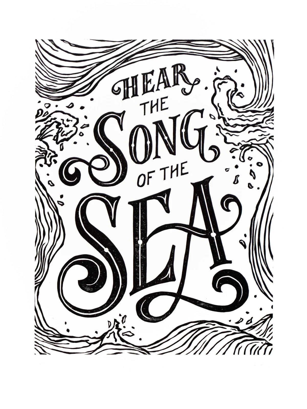 Black and white linocut with waves, sea creatures, and the words “The Song of the Sea”.